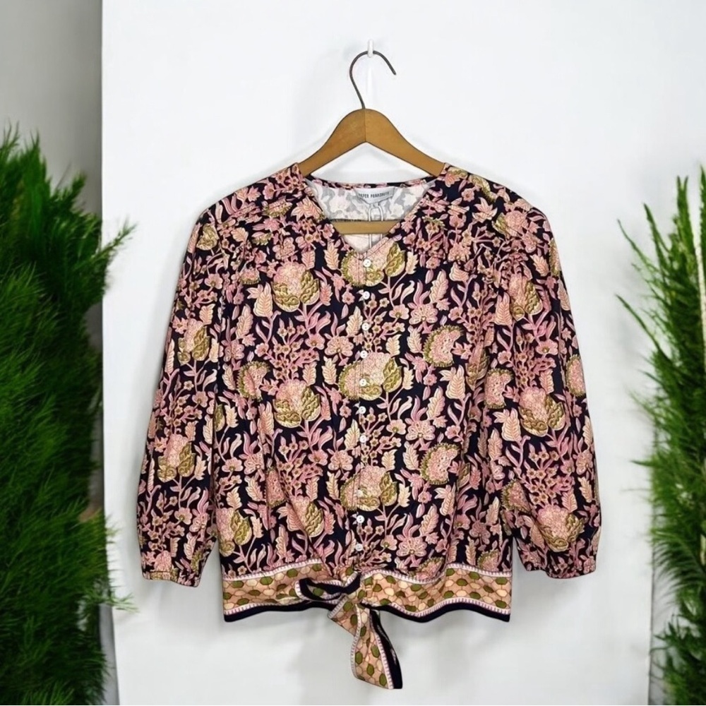 Paper Parachute Dark Floral Tie-Front Blouse Romantic Anthro Style Top